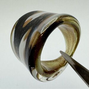 Artisan Glass Ring Size 8 Gold Black White Swirl Wide Statement